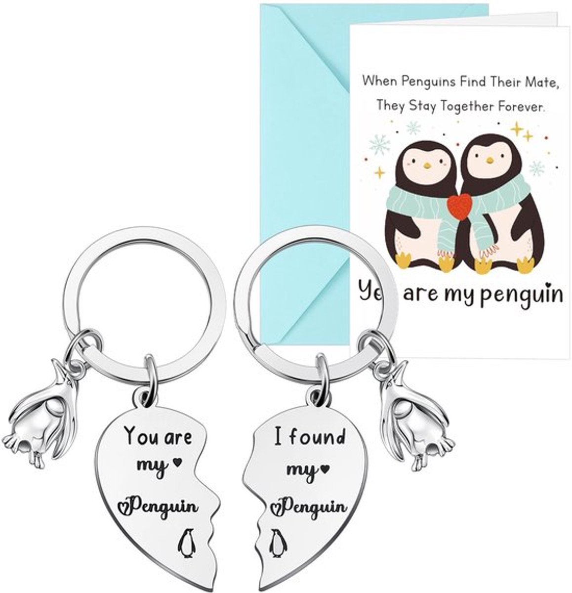 Sleutelhanger Pinguïn met Verjaardagskaart - Uniek Cadeau voor Koppels - Romantisch Jubileum - Sleutelhanger met Gravure - Origineel Valentijnscadeau
