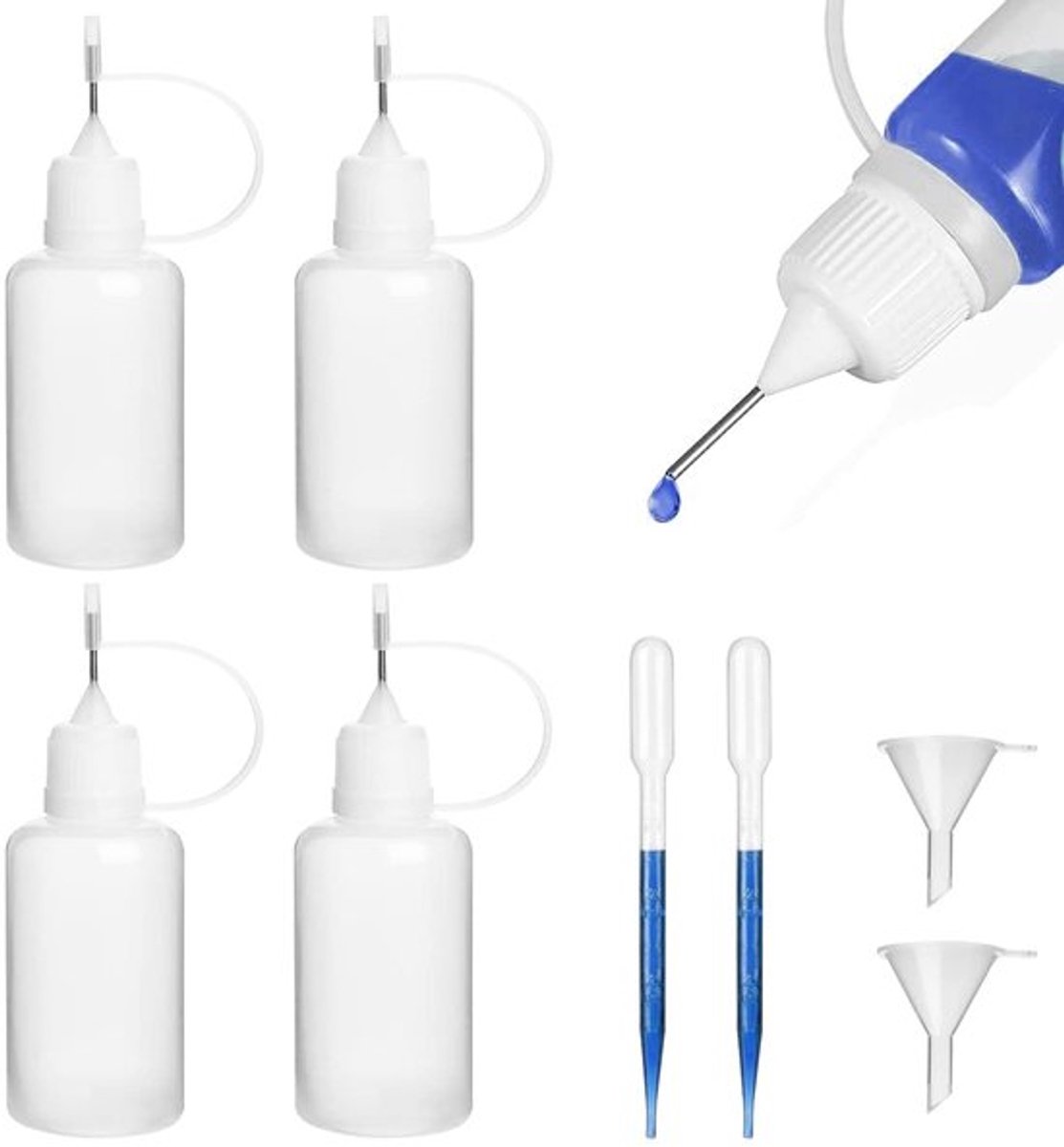 Naaldfles 5ml - Set van 4 stuks - Applicatorfles - Druppelflesje met pipet - Kunststof en roestvrij staal - Voor fijne dosering - Druppelfles