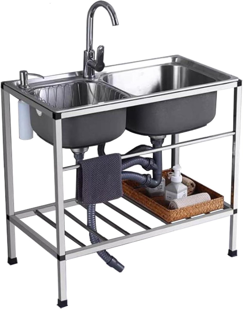 Dubbele Spoelbak - Wasbakunit Keuken - Commercieel Gebruik - Roestvrij Staal - 80x43x75 cm - Zilver