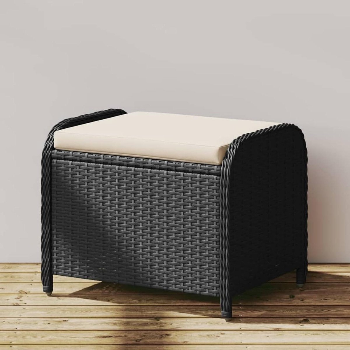Tuinkruk met kussen - Voetenbank buiten - Buiten ontspannen - UV-bestendig rotan - 58 x 46 x 46 cm - Zwart