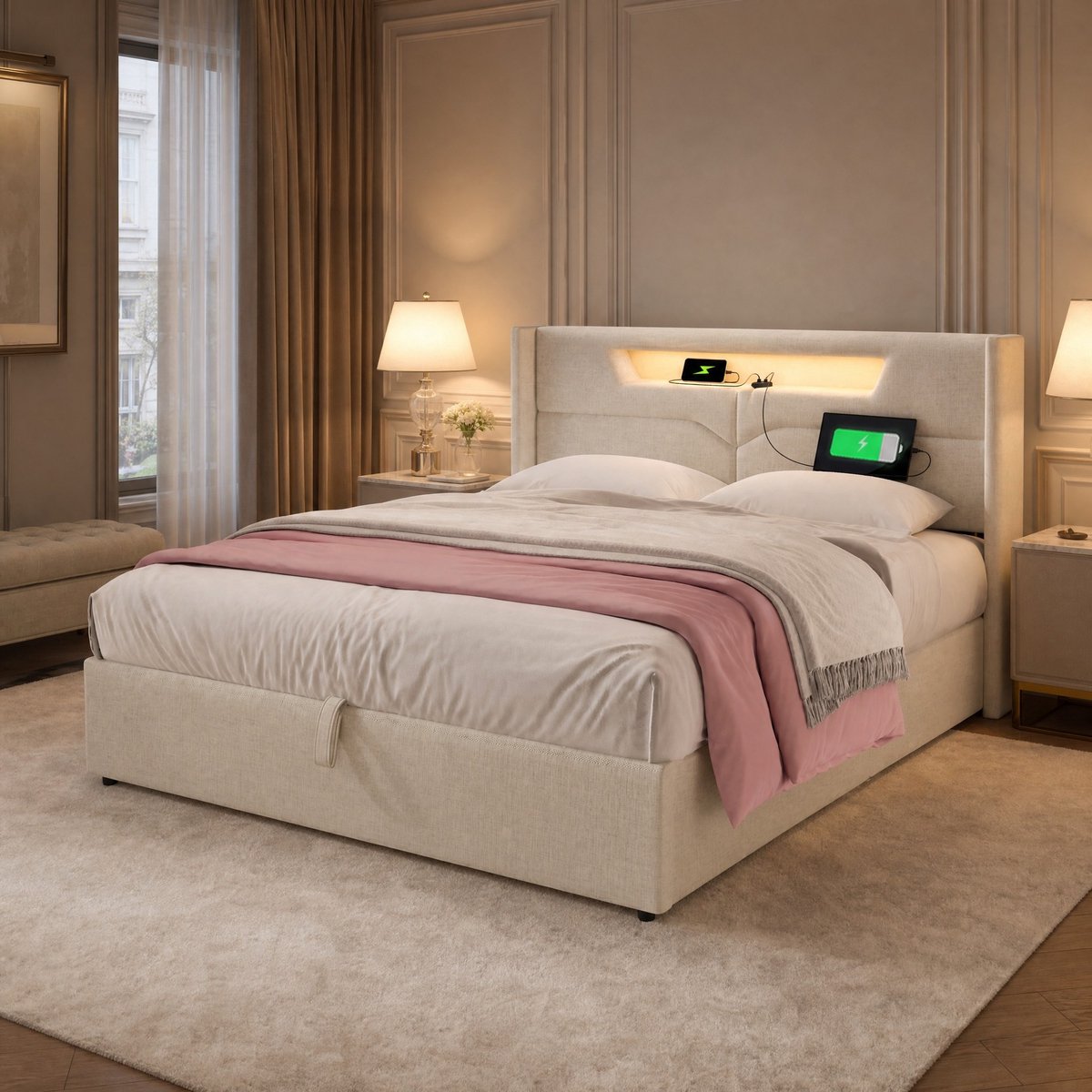 Wishdor Led tweepersoonsbed 160x200 cm - Opbergbed met usb-c en ledverlichting - stof - beige - lattenbodem - zonder matras