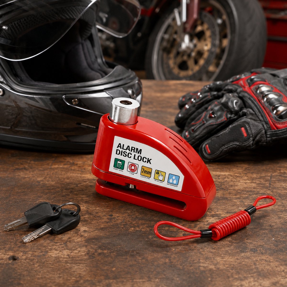 Home & Marker – Alarmschijfremslot met Alarm 110 dB – Motorslot & Scooterslot – Waterdicht Remschijfslot voor Motor, Scooter & Fiets – Rood – ALERTOLOCK – foto 5