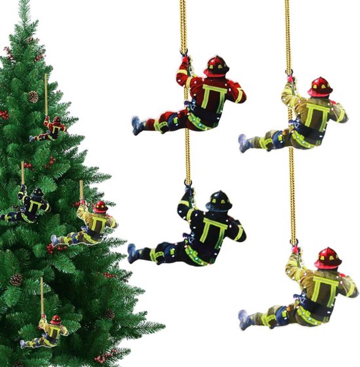 Kerstversiering 4 stuks - Brandweerman Ornamenten - Kerstdecoratie - Boom/Wanddecoratie - Hoogwaardig Acryl - Robuuste Constructie - Kerstornamenten