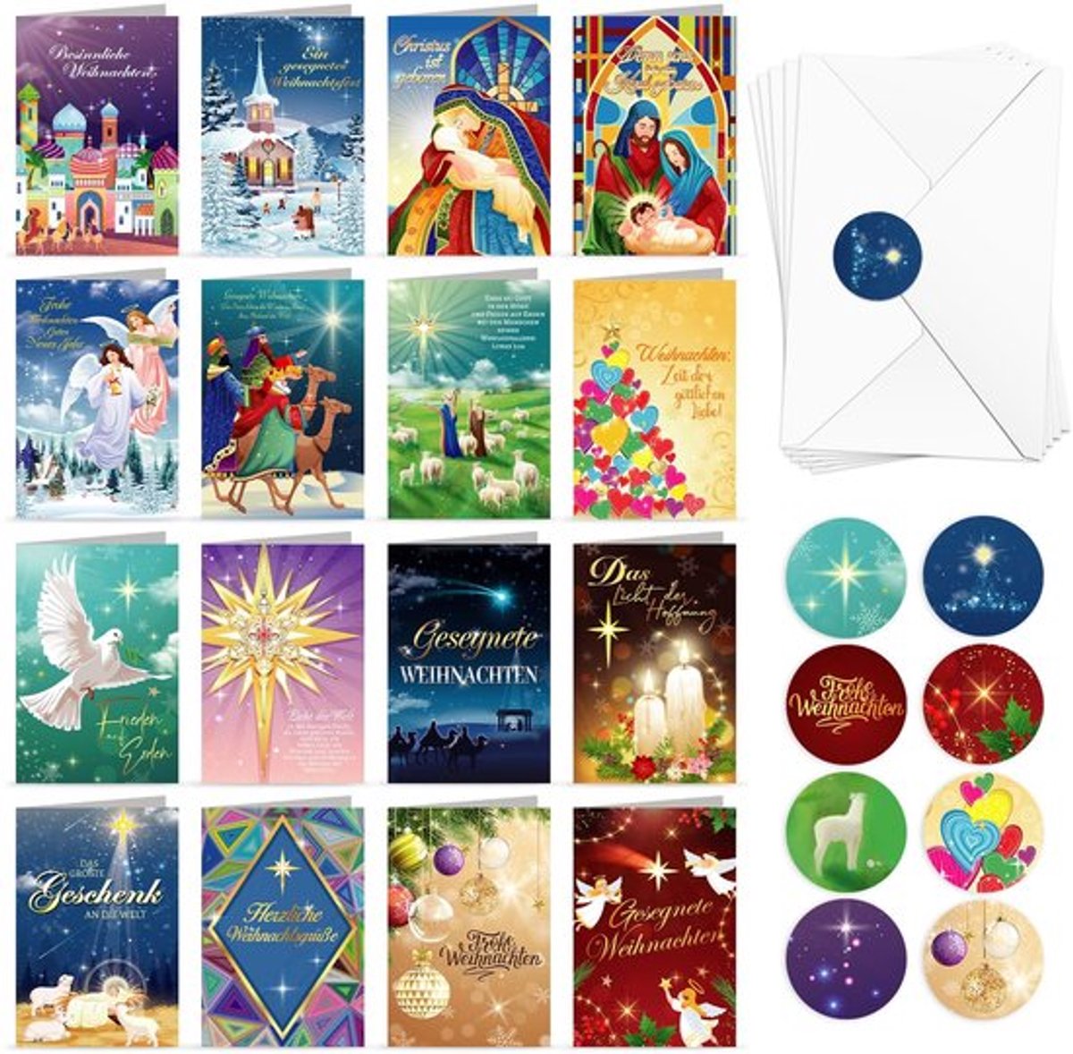 Kerstkaarten Set - Vrolijke Wenskaarten - Blanco Vouwkaarten - Religieuze Kaarten - Envelopstickers - Originele Spreuken