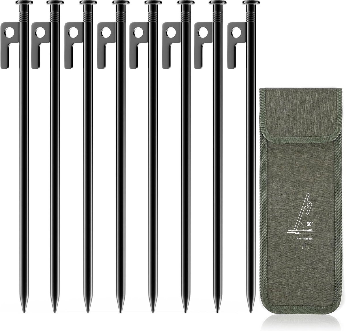 8 Stuks Stalen Tent Haringen met Opbergtas, 30CM Grondankers voor Kamperen, Ideaal voor Harde Bodems en Weides - Zwart