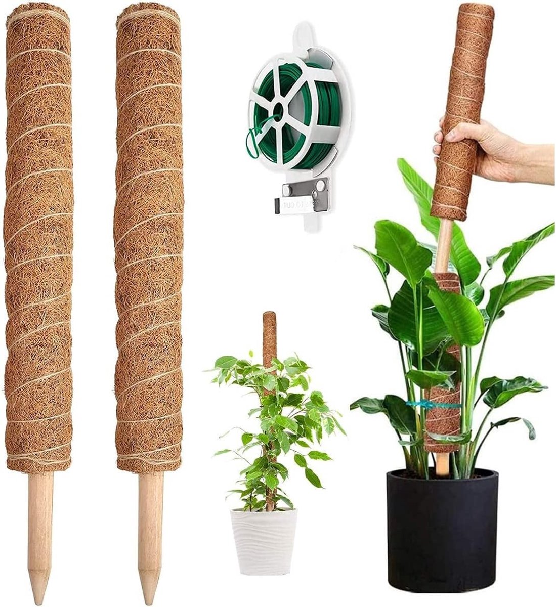 Moss Pole voor Plantenondersteuning, 2 Stuks van 41 cm, Kokosnoot Klimpaal met 20m Kabelbinders voor Groeiende Kamerplanten