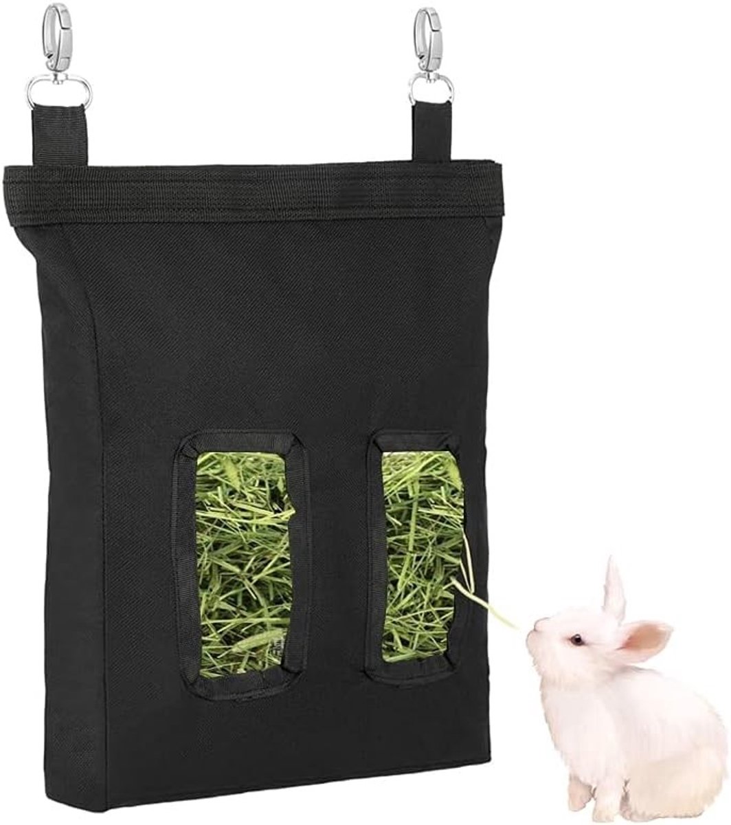 Hooivoederzak voor Kleine Huisdieren, Hangende Voederoplossing voor Konijnen, Cavia's en Chinchilla's, Zwart, 25x28x2.5cm