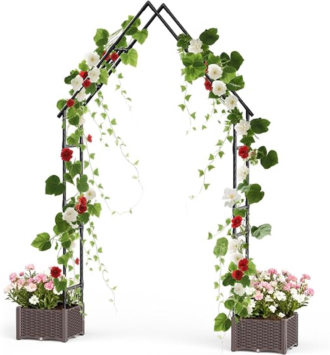 Danky zwarte puntdak tuinboogscherm 240cm PE+metaal met plantbakken, klimrek voor tuin