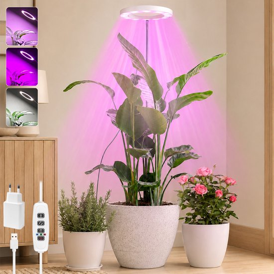 Rosnek LED Kweeklamp - Full Spectrum Groeilamp voor Planten - Dimbare Ringlamp met Timer 3/9/12 uur - In Hoogte Verstelbare Plantenlamp voor Grote en Kleine Kamerplanten - USB met