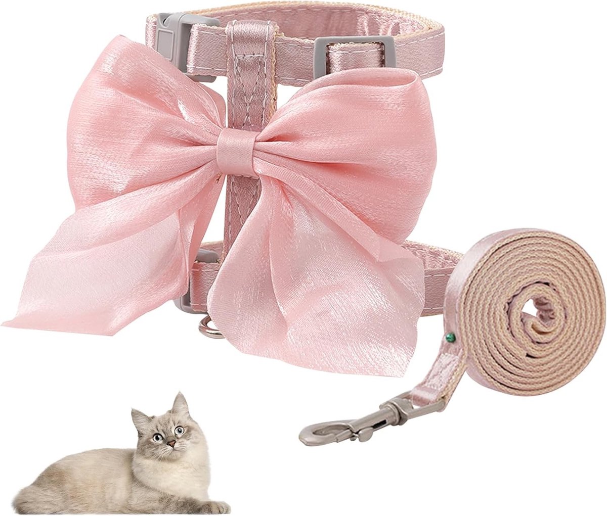 Kattenharnas - Roze - 29-46 cm - Verstelbaar Zijde en Nylon Harnas met Riem - Voor Katten en Kleine Huisdieren