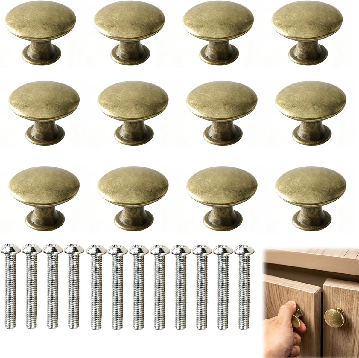 Set van 12 Antieke Messing Ladeknoppen 30mm - Ronde Knoppen voor Keukenmeubels, Dressoirs en Deuren in Vintage Stijl