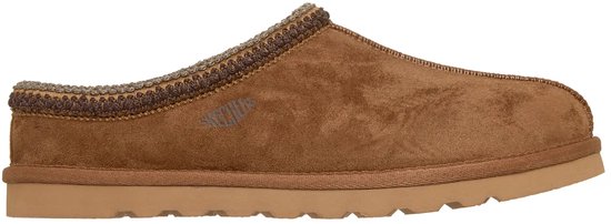 Bruine suède pantoffel met gebreide rand, logo en rubberen zool.