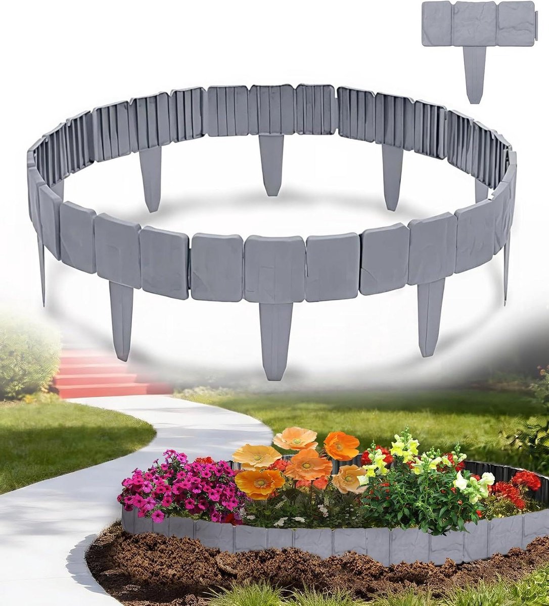 Gazonrand Kunststof - Bloembakrand Steenlook - Tuin Verfraaien - Eenvoudige Montage - 5 Meter - Grijs