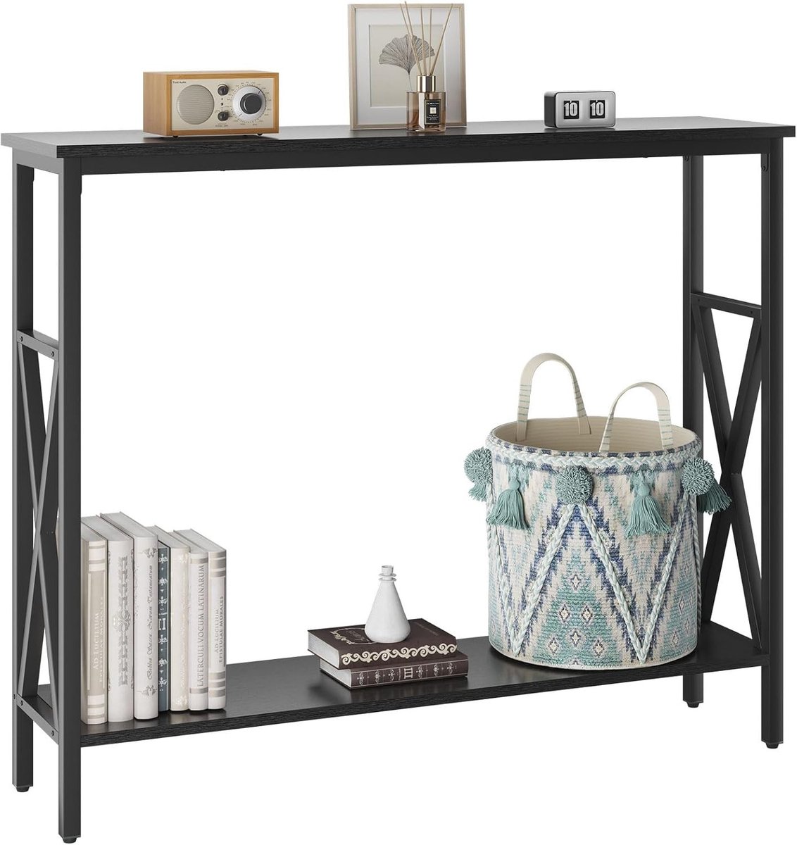 Compacte consoletafel - Zwart - 101 x 25 x 80,5 cm - Met verstelbare plank en metalen frame - Voor hal en woonkamer