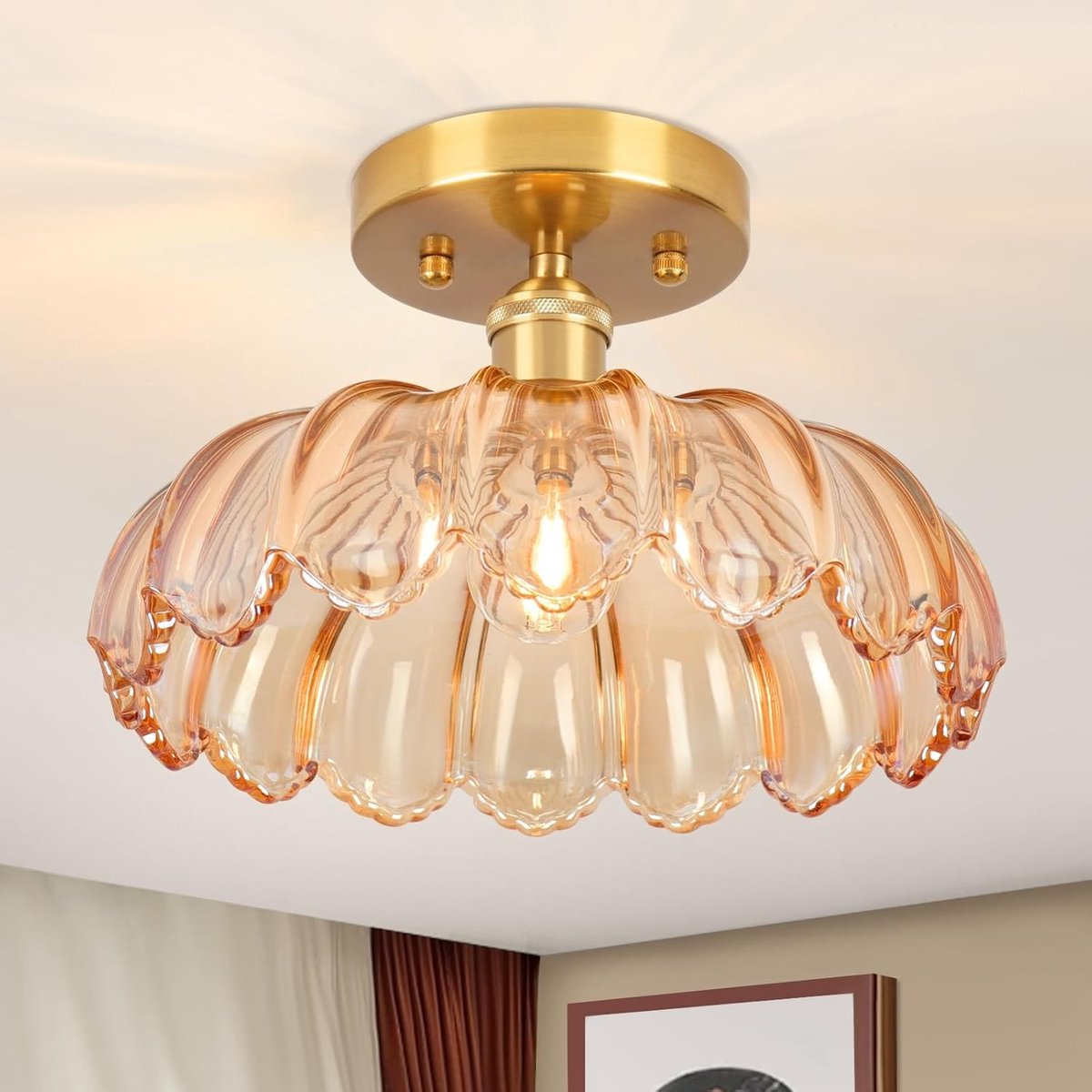 Vintage Plafondlamp - Amber - 25 cm - Retro Glas met E27 Fitting - Voor Slaapkamer, Gang en Keuken