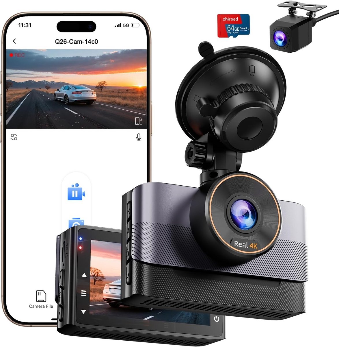 Dashcam voor auto - Zwart - Dual 4K + 1080p Camera - WiFi met Nachtzicht en Parkeerbewaking - Voor Auto