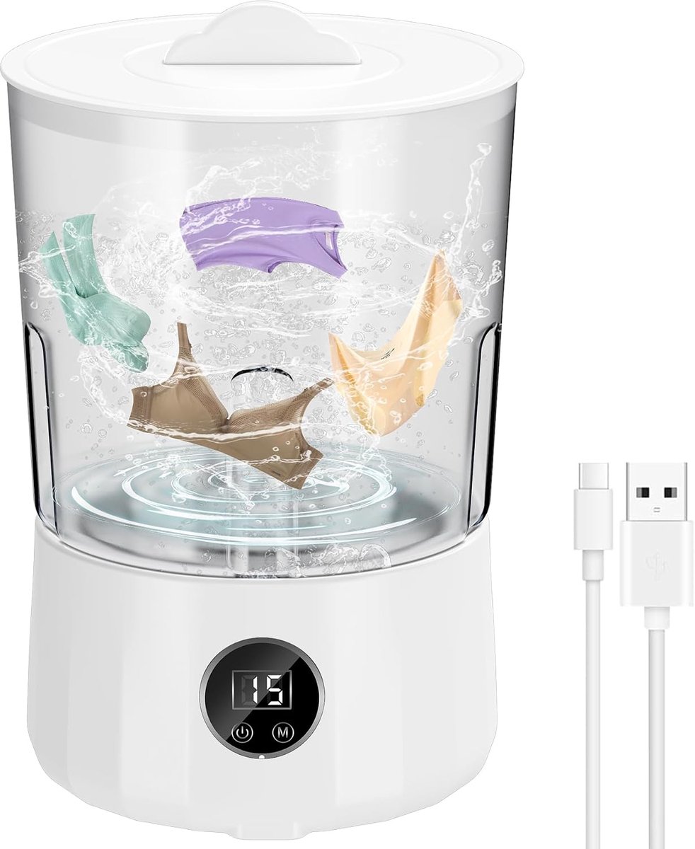 Draagbare Mini Wasmachine 1.5L – Oplaadbaar – 3 Wasprogramma's – Voor Ondergoed, Sokken en Kleine Kledingstukken – Compact voor Studentenkamer, Appartement en Reizen – Wit