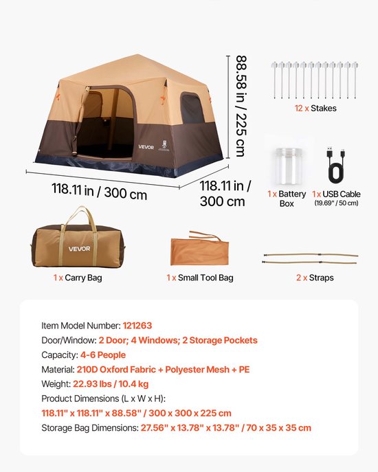 VEVOR Campingtent voor 6 Personen, Opblaasbare Familietent met Oplaadbare Pomp, Tpu-Luchtslang en 4 Gaasramen, Cabinetent met Draagtas voor Gezinskamperen en Wandelen, Beige van Vevor — afbeelding 4
