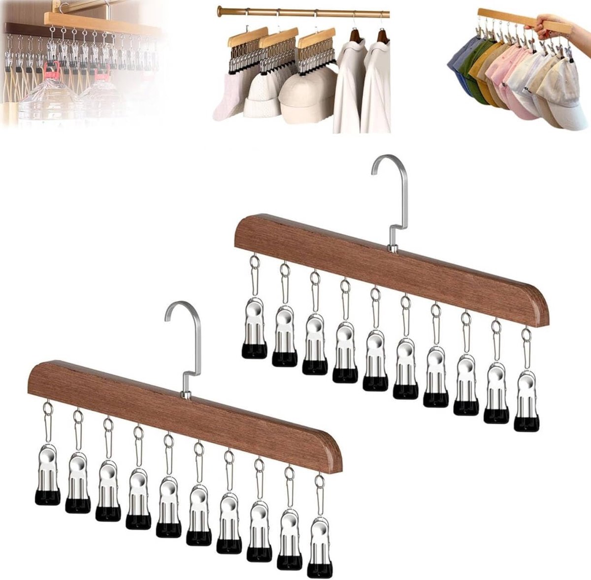 KZQ Houten Kastorganizer Set Van 2 Met 10 Clips – Ruimtebesparend Voor Broeken, Rokken, Sjaals En Hoeden – Vintage Stijl