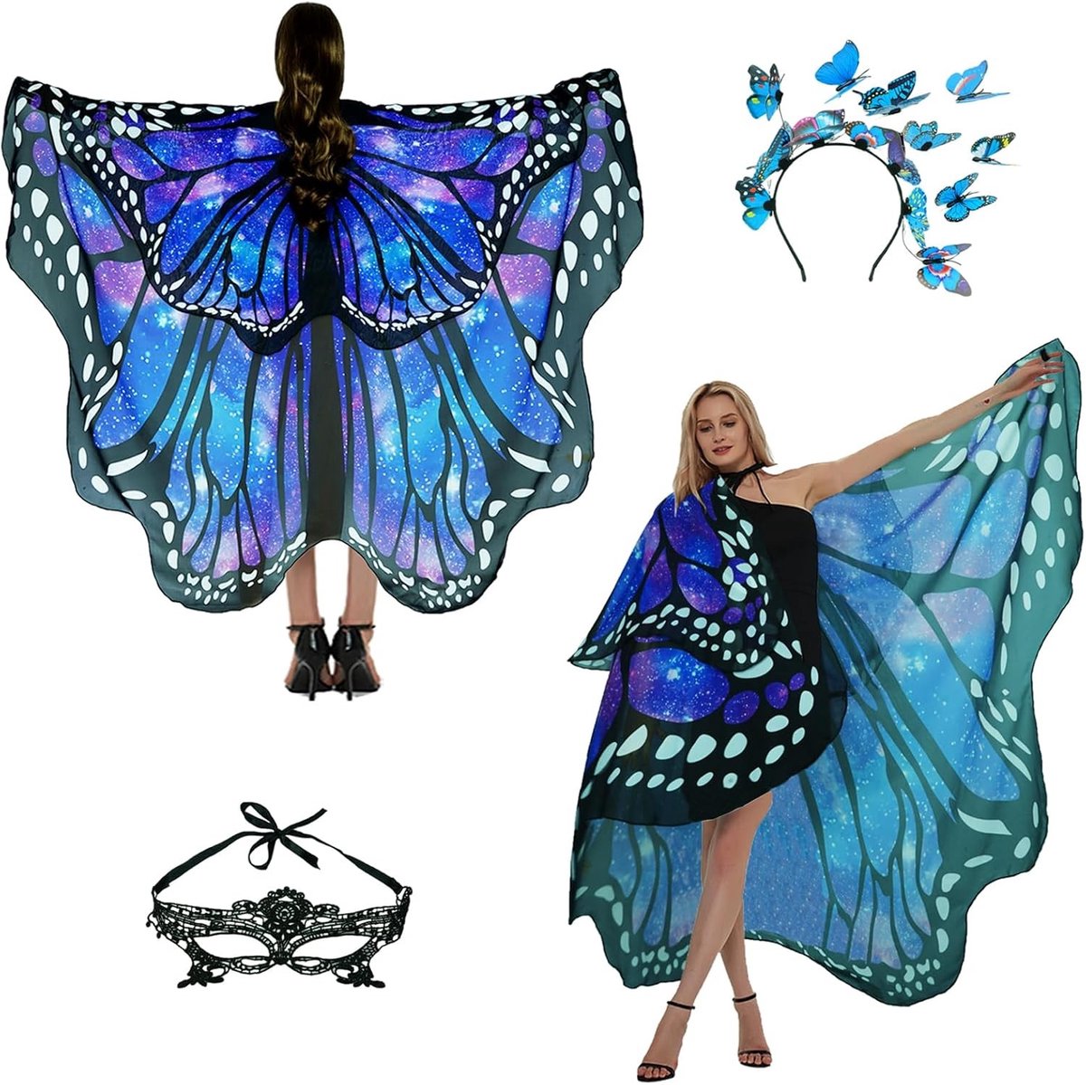 Vrouwelijk Vlindercostuum met Twee Fasen, Inclusief Vlindervleugels, Cape en Accessoires voor Carnaval en Feestjes