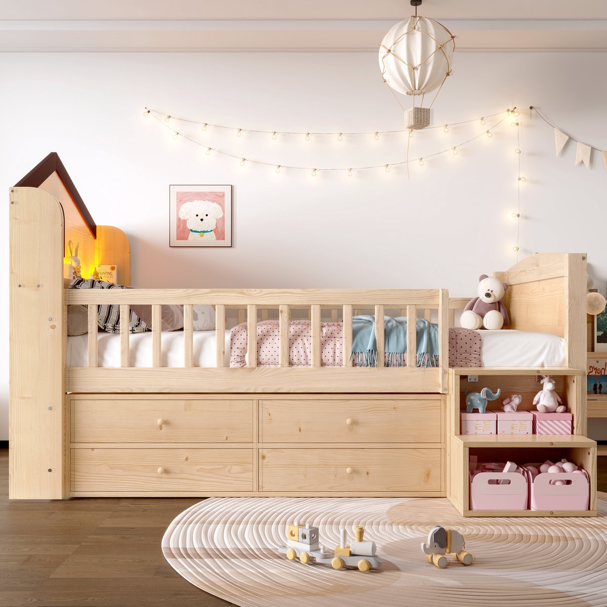 Wishdor Halfhoogslaper 90x200 cm - Huisbed met 4 lades en opbergleiter - LED-verlichting - Natuur - Kinderbed met uitvalbeveiliging