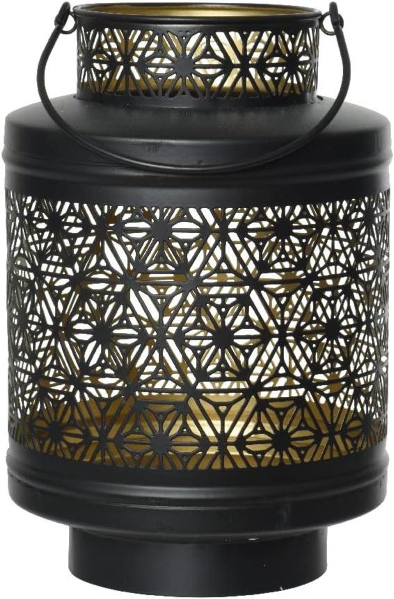 Metalen Windlicht - Oosterse Lantaarn - Sfeervolle Decoratie - Met Handvat - 22cm Hoog - Zwart Goud