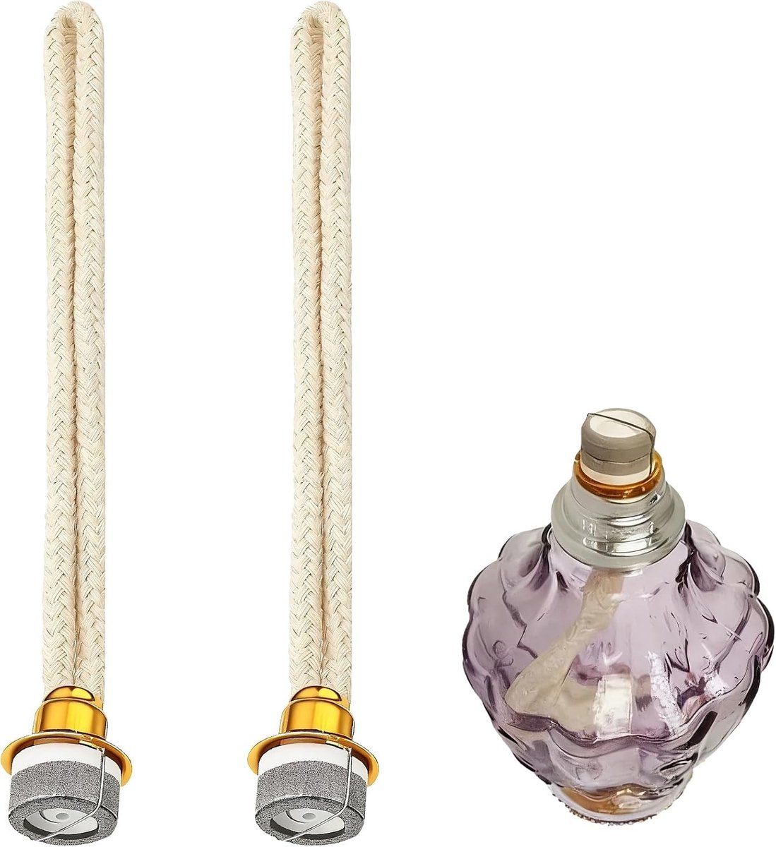 Set van 2 Vervangende Katoenen Lampwicks 18 mm met Metalen Ring voor Aromatherapie en Luchtzuivering Thuis of op Kantoor, 144 mm Goudkleurig
