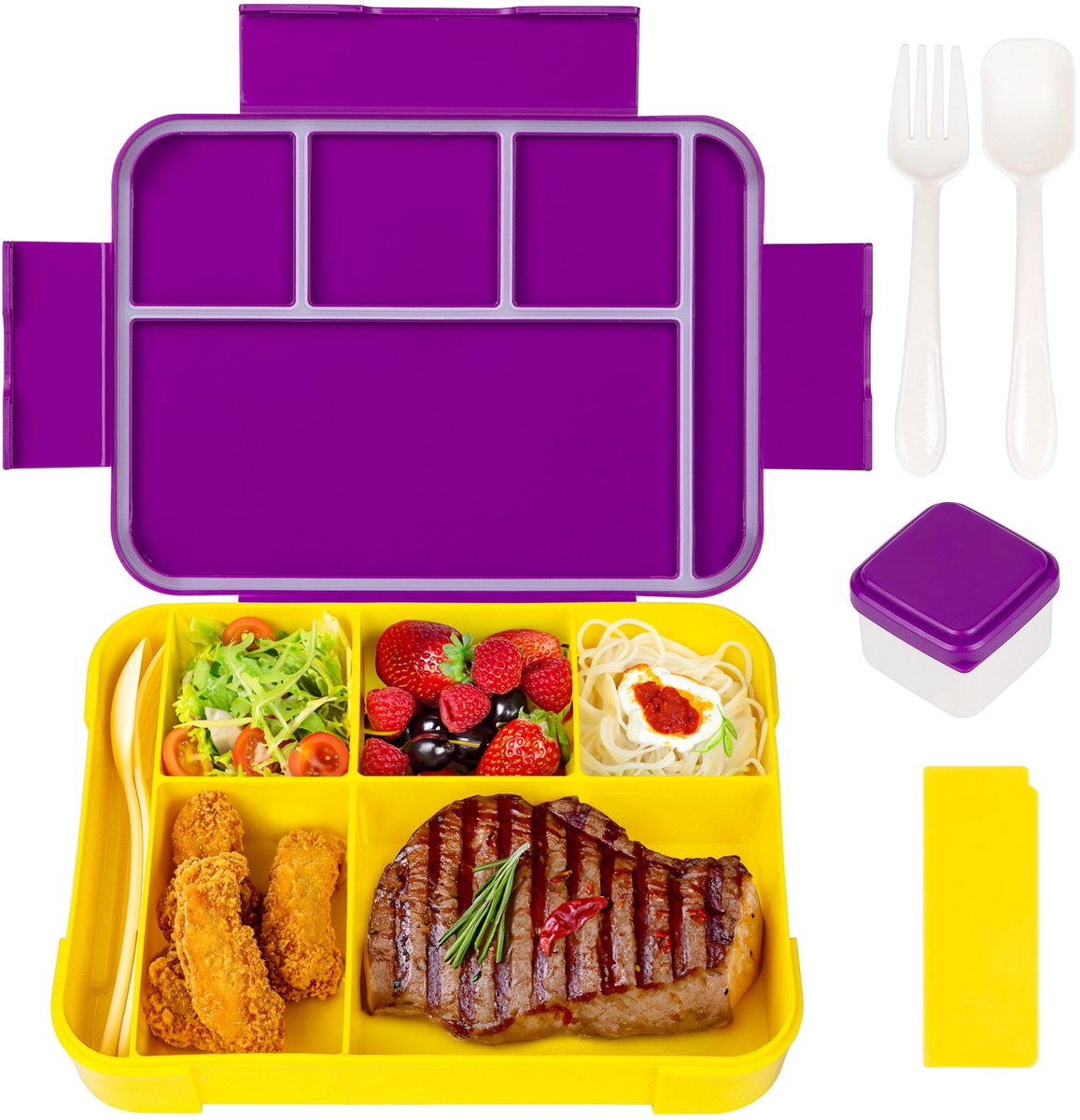 Sanorum Bento Lunchdoos voor Gezinnen: 6 Vakken Lunchcontainers voor Volwassenen, Kinderen en Peuters inclusief Sauscontainers - Veilig voor Magnetron, Vaatwasser en Vrieskast | BPA-vrij-Paars-geel