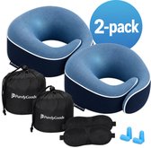 2-pack blauwe nekkussens met opbergzakjes, slaapmaskers en oordopjes.