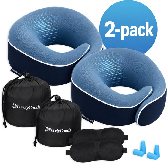 Pack de 2 coussins de voyage bleus avec sacs de rangement, masques de sommeil et bouchons d'oreilles.
