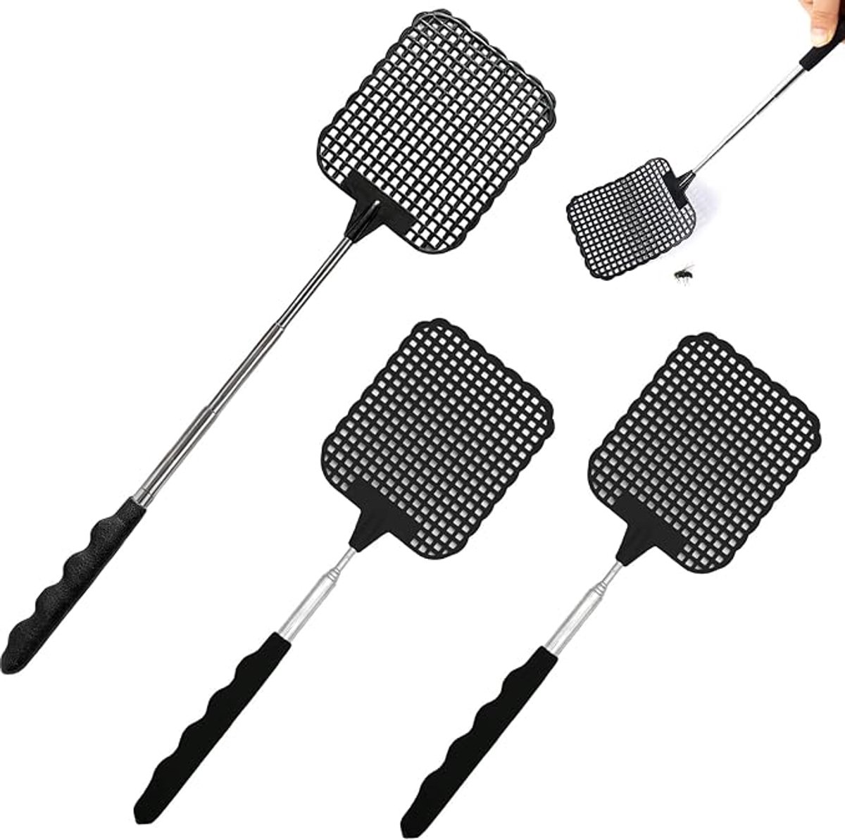 Telescopische zwarte uittrekbare vliegenmepper set van drie stuks met stevige constructie, verstelbare lengte om muggen, vliegen en diverse insecten te verjagen, compact opbergbaar
