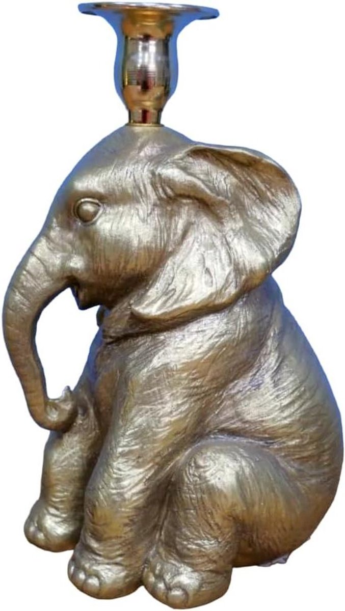 Gouden Olifant Kandelaar - Kaarsenhouder Hars - Decoratie Huis - Gedetailleerd Design - H22 x L13 x B11 cm - Goud