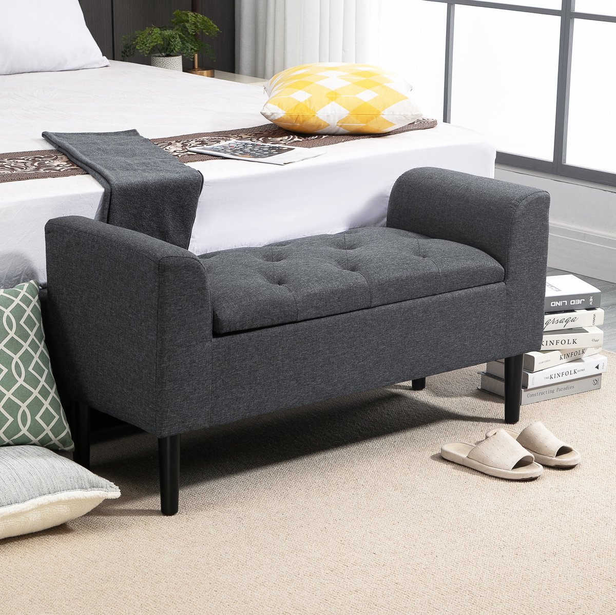 MIVRAY Bankje – Opbergruimte Met Klapzitting – 116 x 44 x 58 cm – Polyester En Hout – Donkergrijs – Voor Hal En Woonkamer – 130 kg