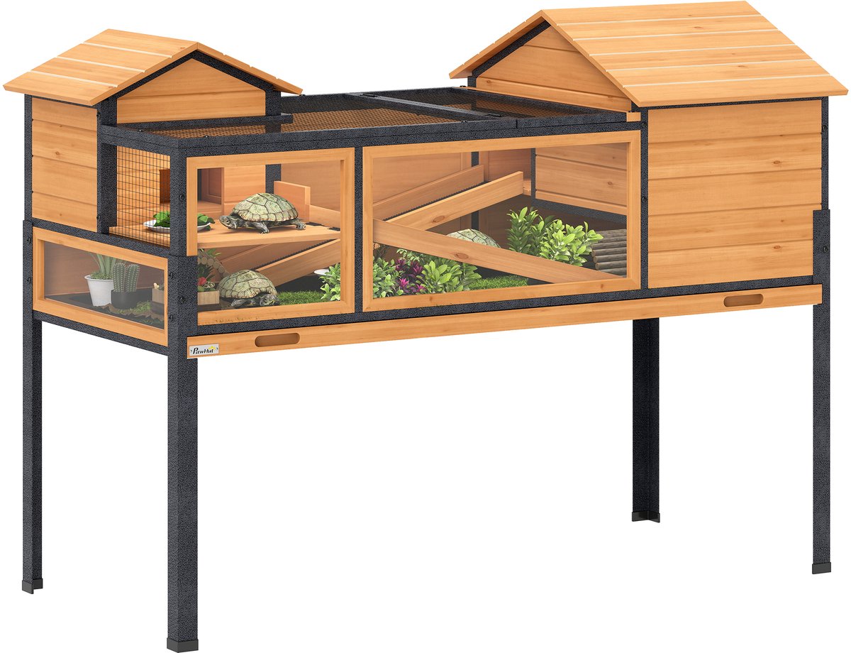 PawHut-Schildpaddenhuis-Vurenhout, staal-128x63x96cm-Geel