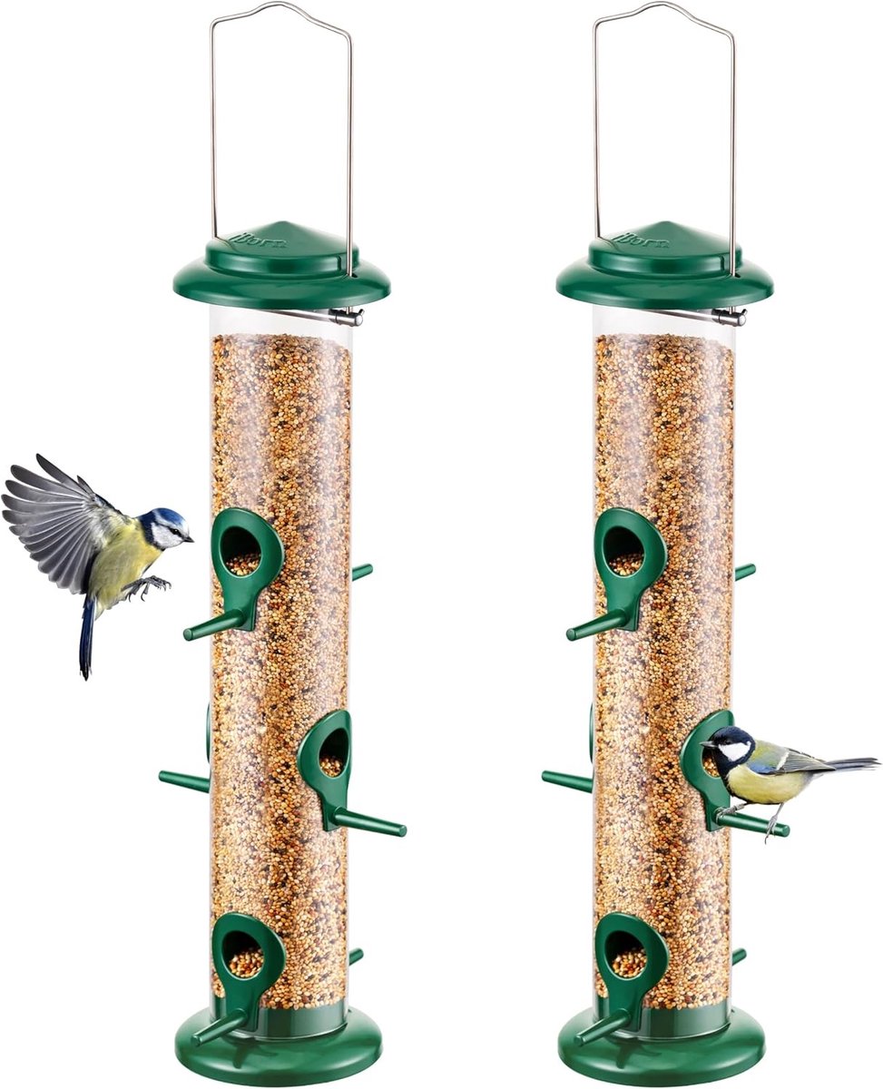 Hangende Vogelvoederhuis met 6 Openingen voor Diverse Zaden, Inclusief Nigerzaad en Zonnebloemhart, Duurzaam en Stijlvol Ontwerp, 14 Inch, Set van 2