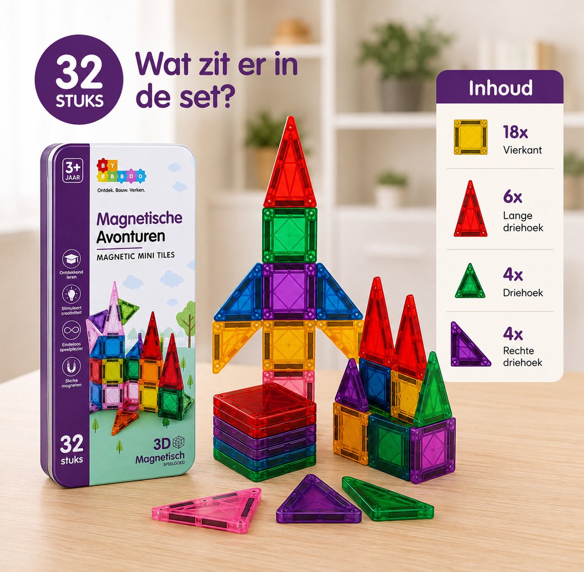 By Baboo® Magnetic Tiles Mini 32 Stuks Reisset + 100 Bouw-Challenges - Travelset - Reisspeelgoed Magnetische Tegels Blokken Cadeau Jongens Meisjes - Montessori Educatief Kinderspeelgoed 3 Jaar, 4 jaar, 5 jaar, 6 jaar, 7 jaar, 8 jaar, 9 jaar — afbeelding 8