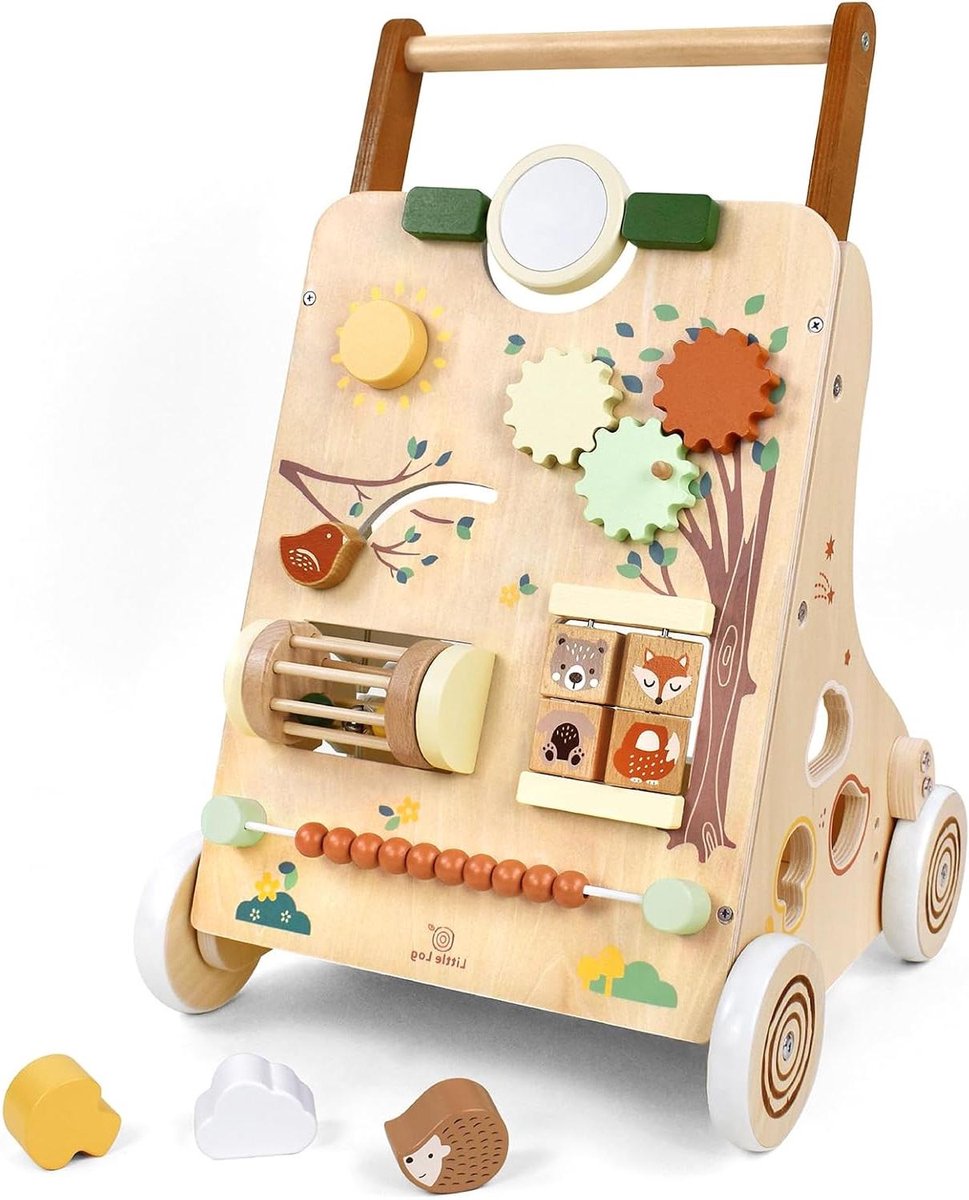 Houten Baby Walker - Loopwagen Activiteit - Eerste Stapjes Leren - 9 Educatieve Spelletjes - 44 x 34 cm - Houtkleur