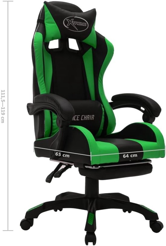 Racestoel met LED - Gamestoel bureaustoel - Comfortabel werken gamen - Verstelbare voetensteun - 64x65x119 cm - Groen zwart — afbeelding 3
