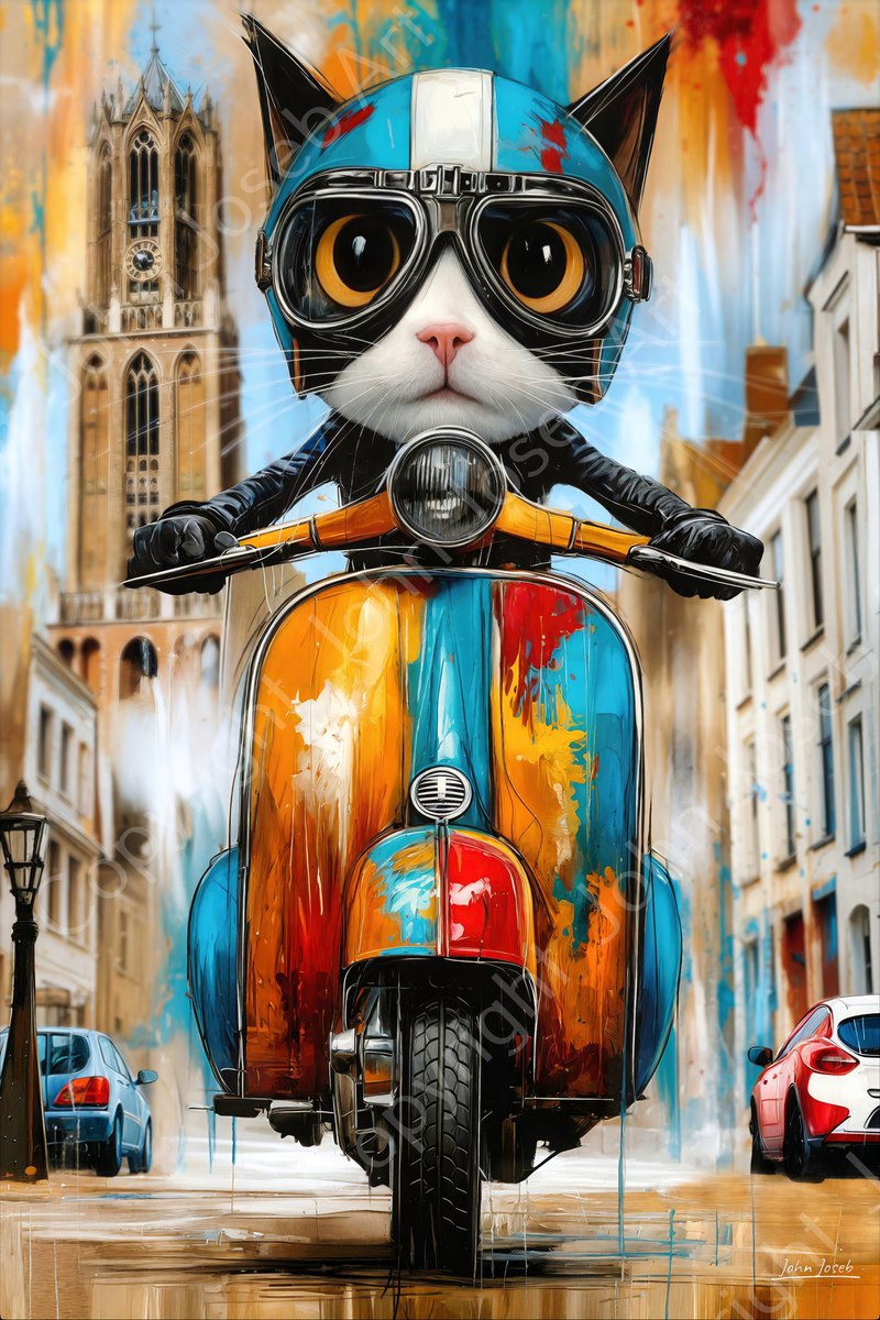 John Joseb Art (Aluminium) 40x60 | Scooter in Utrecht met grappige poes, kat, humor, Dom, Domtoren, helm, bril, abstract, kunst, dier, rood, blauw, bruin, modern | foto-schilderij op dibond, metaal wanddecoratie
