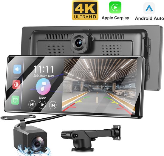 ESSGOO 11,3″ draagbaar CarPlay scherm met 4K dashcam, achteruitrijcamera, draadloos Apple CarPlay & Android Auto