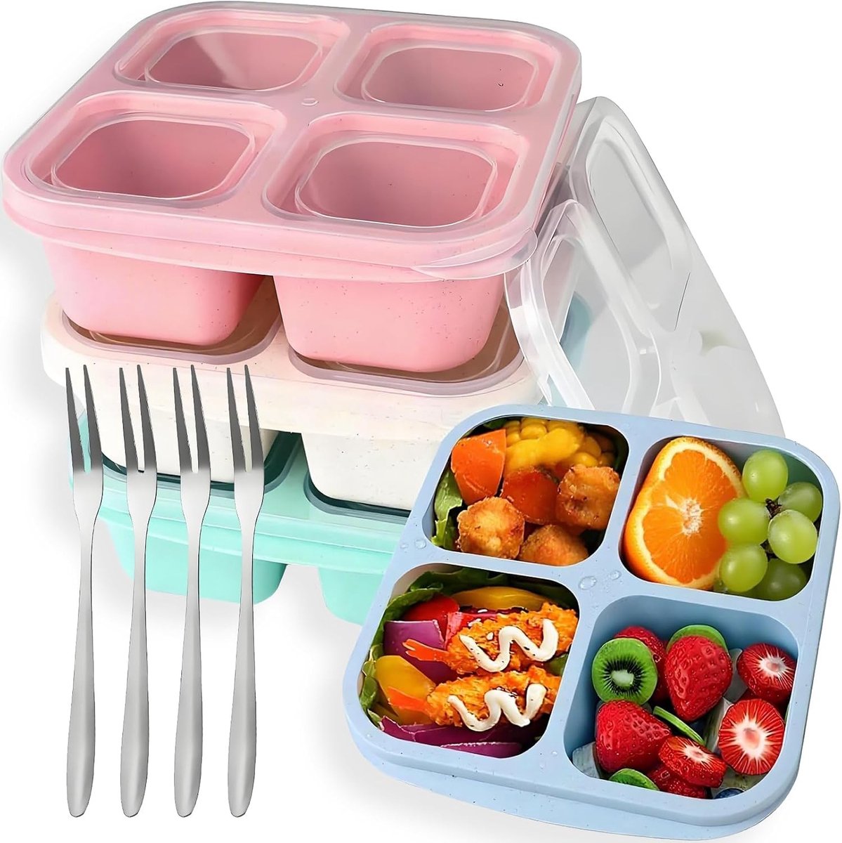 Fruitbakje school - Multikleur - 16,5 x 15,3 x 5,5 cm - PET Snackbox met 4 Vakjes en Roestvrijstalen Vork - Herbruikbaar