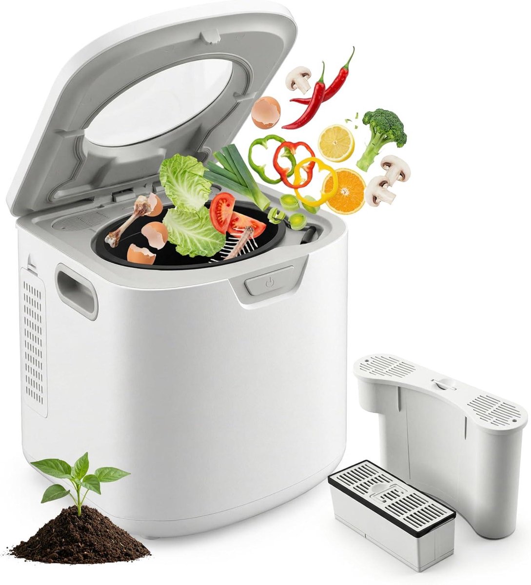 Elektrische Keuken Composter - Voedselresten Verwerker - Keuken Afval Reduceren - Geurloos Met Koolstoffilters - 4 Liter - Wit