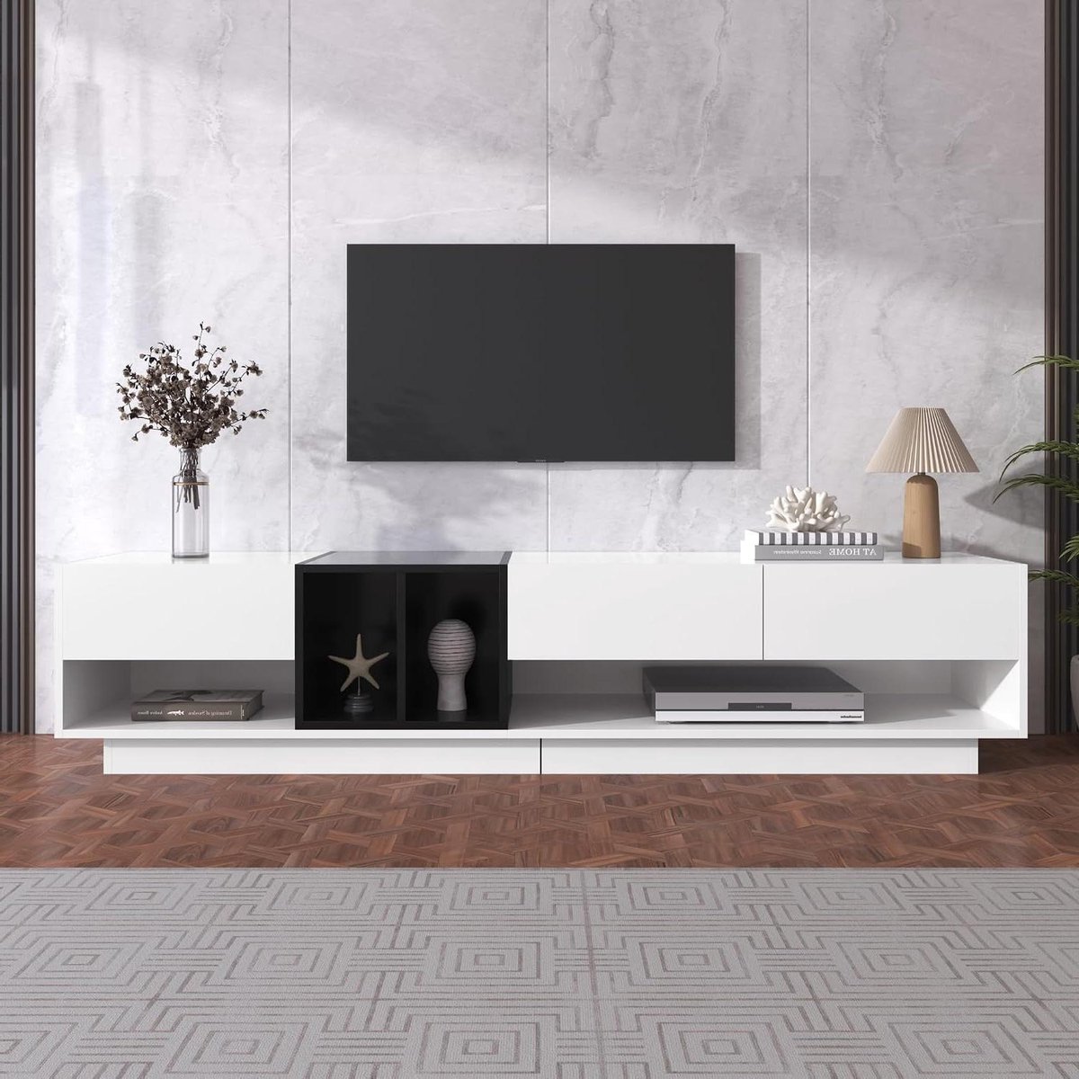 TV-kast - Lowboard mediakast - Woonkamer opbergen - Gedurfd kleurenspel - 190x40x42cm - Wit en zwart