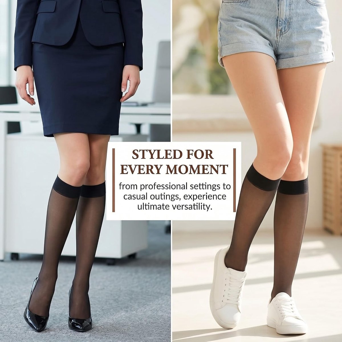 Dames kniekousen in zwart, hoge elasticiteit en ademend nylon, comfortabel en rekbaar, 4 paar zonder druk