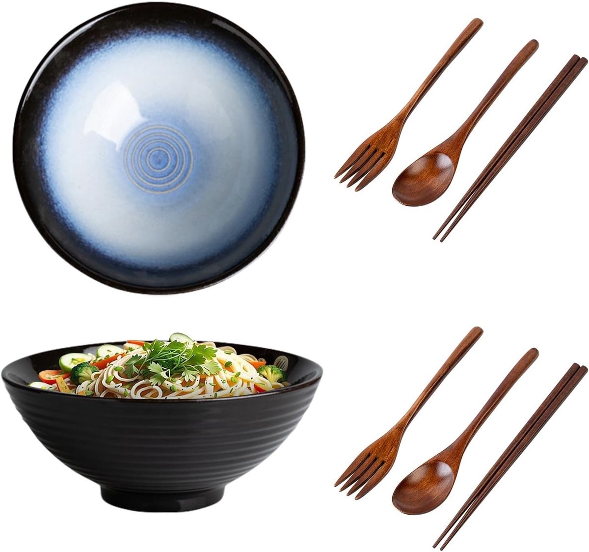 Set van 2 Soepkommen met Eetstokjes, Bestek en Lepel, 1200ml Ramenkommen voor Udon Noodles, Grote Keramische Saladeschalen van 20 cm (Wit-Blauw)