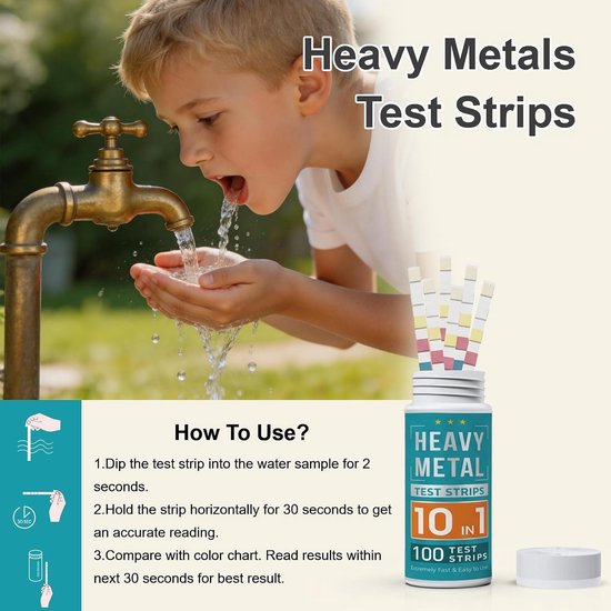 100 stuks 10-in-1 waterteststrips voor drinkwater, putten en zwembaden - Test op zware metalen zoals koper, lood en kwik met snelle resultaten binnen 30 seconden — afbeelding 3
