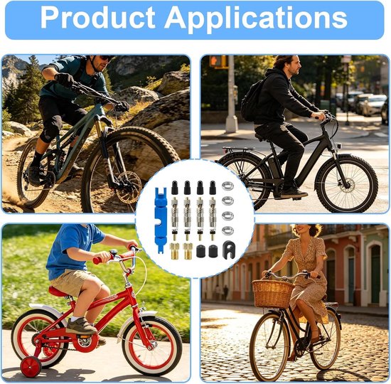 Complete 18-delige set voor tubeless mountainbikeventielen met Presta ventielkernen, ontmantelingstool en fietspompadapters voor eenvoudige reparatie en onderhoud — afbeelding 5