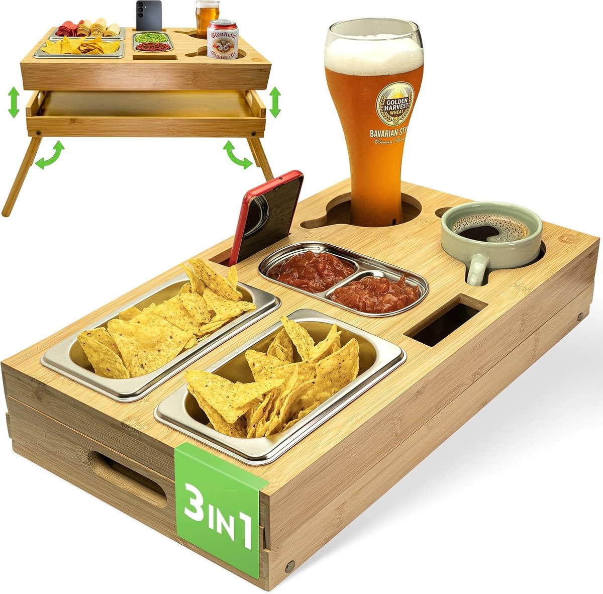 Bedtafeltje voor op bed - Bamboe - 46 x 27,5 cm - Inklapbaar Serveertablet met RVS Schalen - Voor Thuisgebruik en Ontspanning