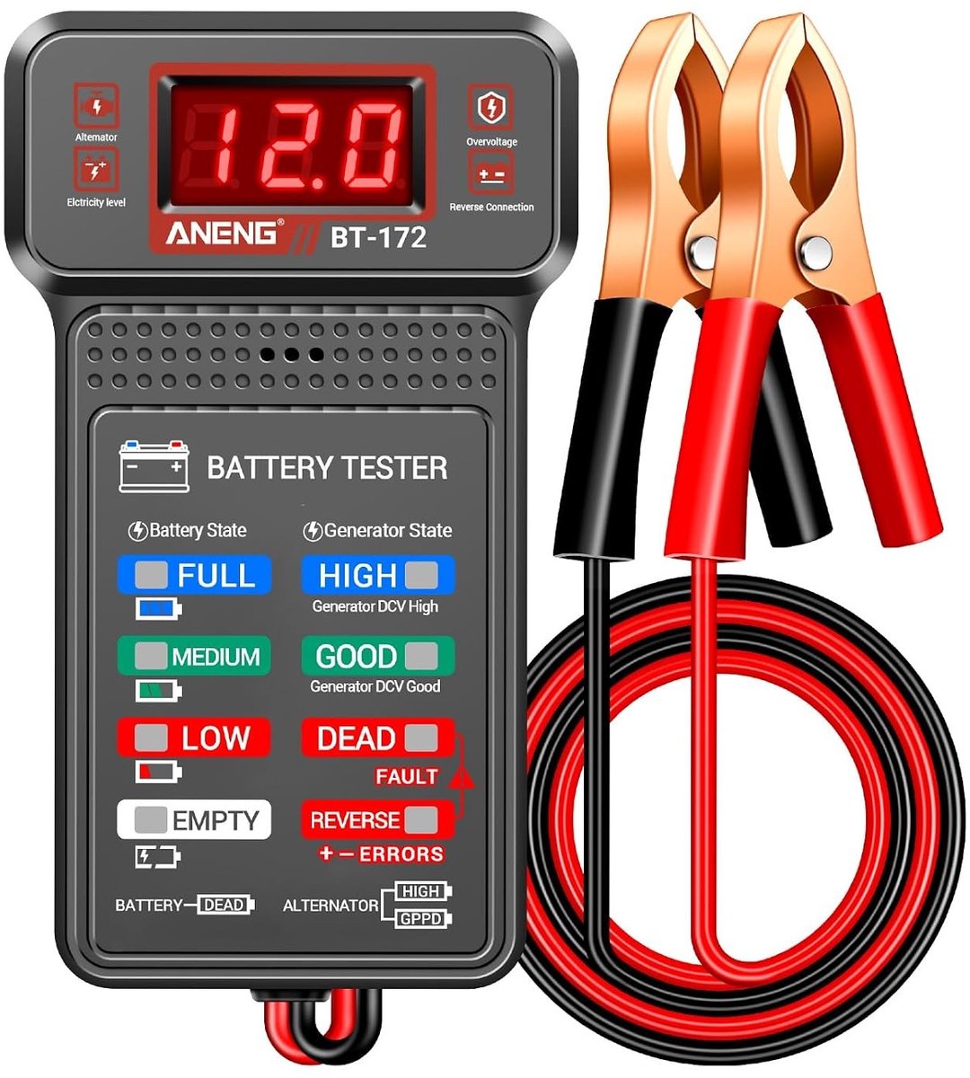 Batterijtester - Zwart - Digitale 12V Accutester met LCD- en LED-Display - Voor Auto's, Vrachtwagens en Motoren