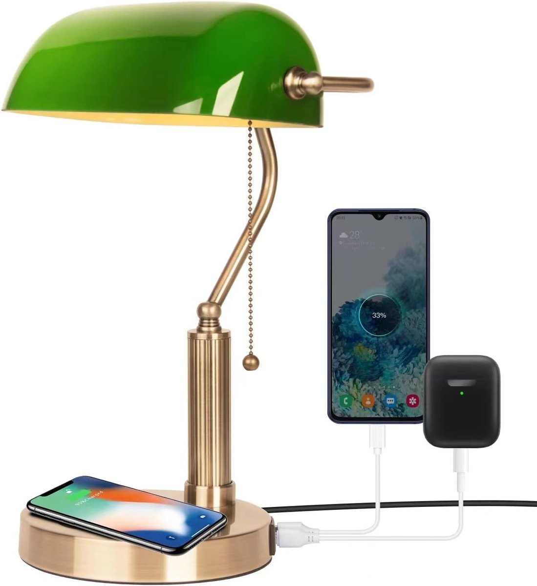 Bankierslamp - Groen - Glas - Met Draadloze Oplaadfunctie en USB-poort - Voor Thuis en Kantoor